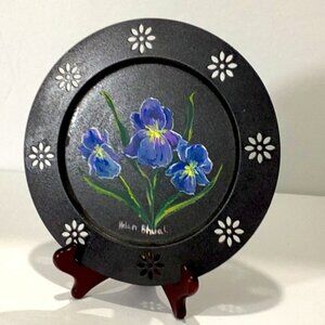 Vintage Metal Plate 8.5" Diameter Black w/ Blue Flowers signed Helen Bhual